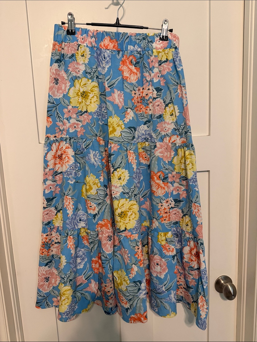 LOFT Linen and Cotton Blend Cottagecore Blue Floral Tiered Boho Maxi Skirt